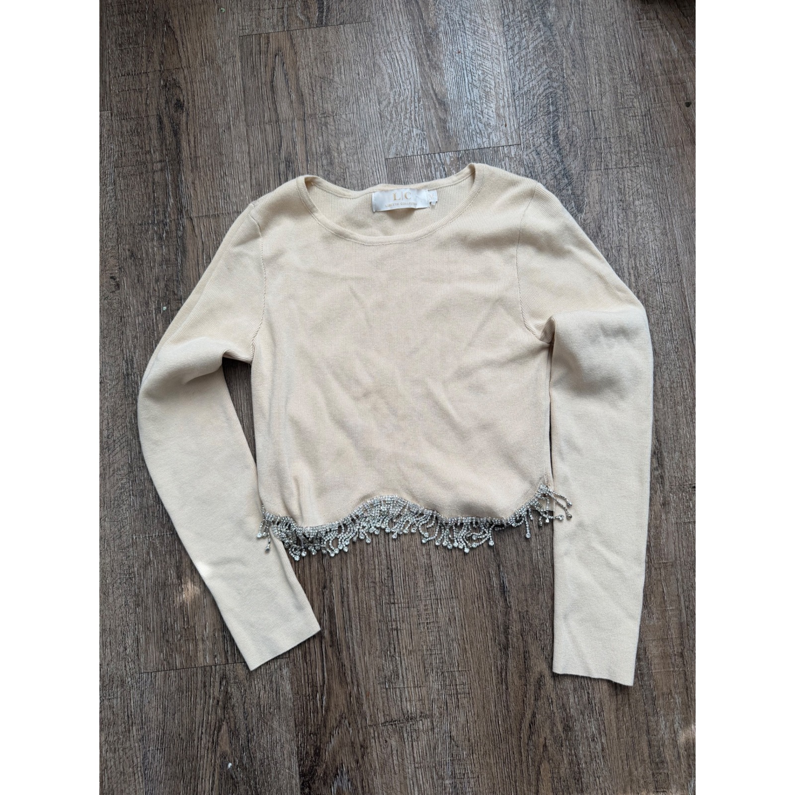 Lizette Collection Cream Cropped Sweater Rhinestone Fringe Hem Lc-A4839 Medium